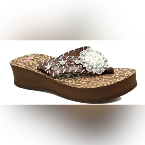 Blazin Roxx Sz 7 Western Womens Megan Flip Flops Whip Stitch Concho Brown W/BOX - Picture 1 of 6